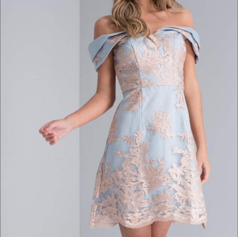 Chi Chi London premium Lace Bardot dress_Elegant Off-Shoulder Blue and Cream